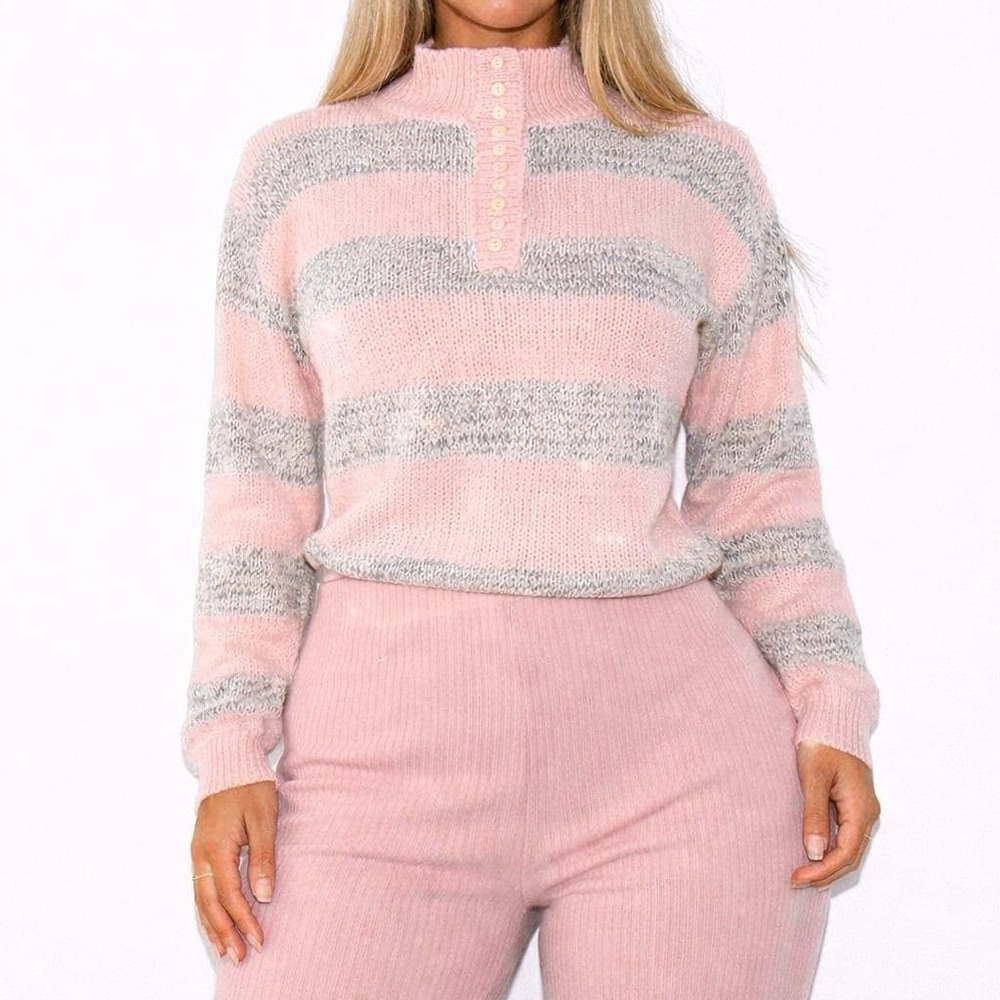 80s Vintage Henley Sweater Pastel Pink Heather Gray Knit Crop Top Funnel Neck S